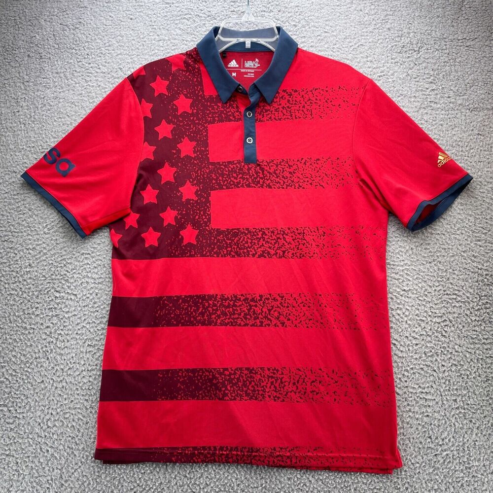 Adidas Shirt Mens Medium Red USA Golf Polo Performance Flag Lightweight Stretch